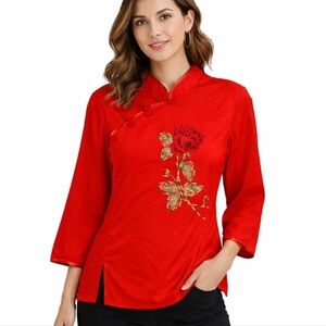 Red Asian Chinese Style Embroidered Mandarin Collar Blouse top medium